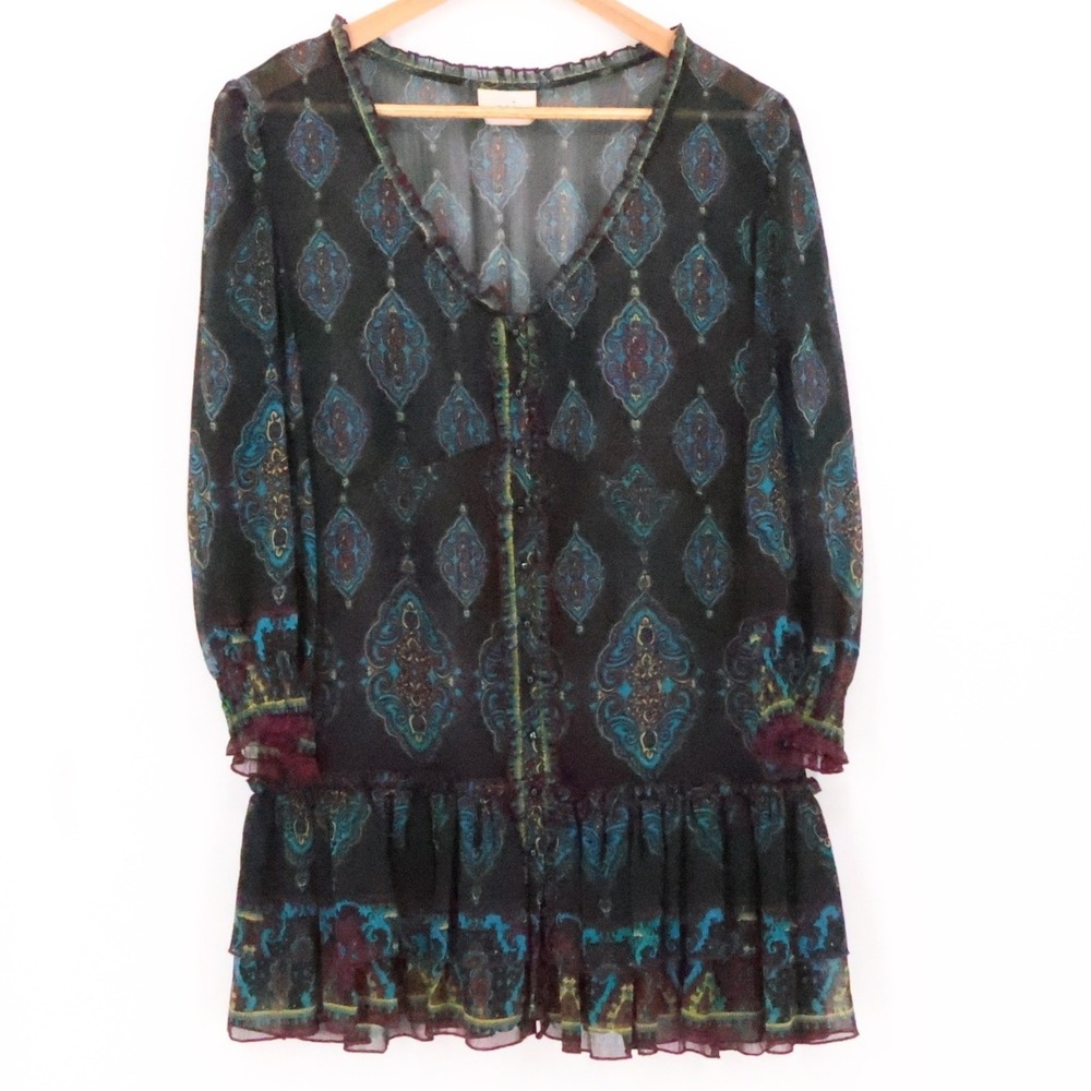 ECI New York Sheer Button Tunic Top Mini Dress Boho Y2K Ruffle Indie Size M